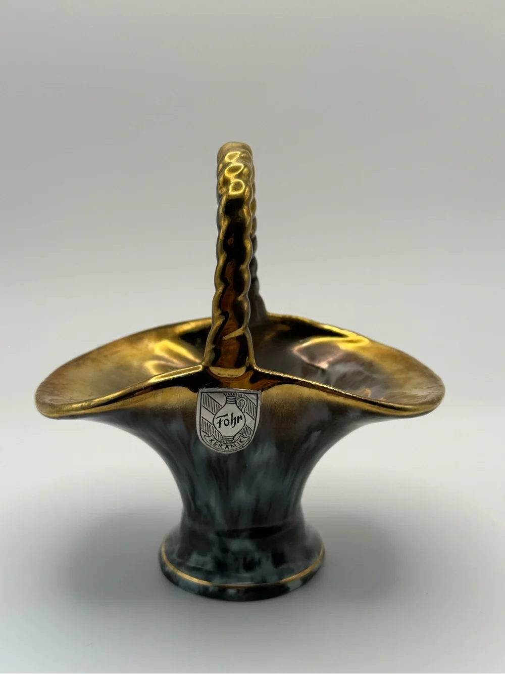 Vintage Fohr Keramik Ceramic Basket Vase in Gold and Turquoise made in Germany